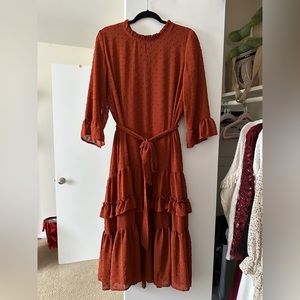 Jessa Kae Burnt Orange Ruffle Midi Dress